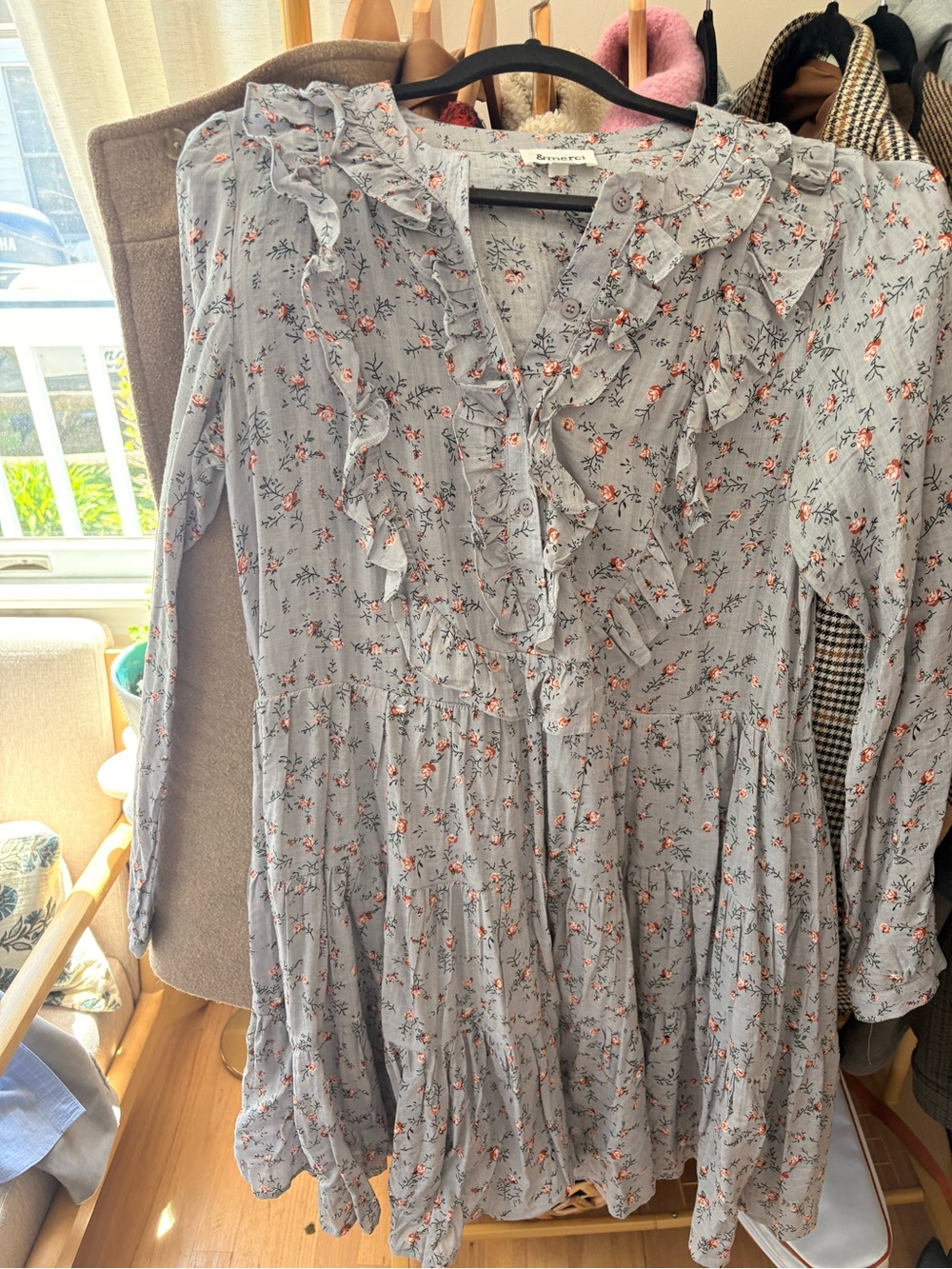 &merci Light Blue Floral Ruffle Long Sleeve Dress